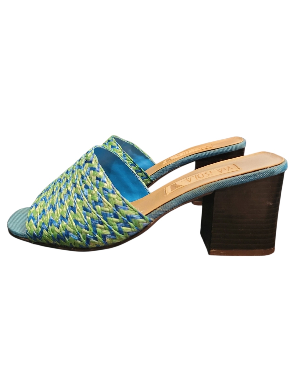Blue & Lime Woven Slide Block Heel 8 wide summer vacay resortwear